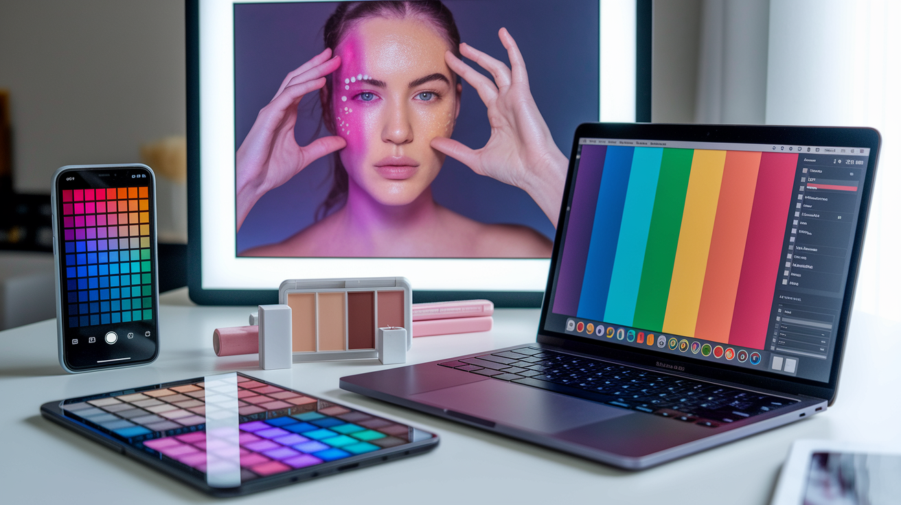 Modern technology tools for dark skin color analysis including digital color pickers, virtual try-on apps, and parametric color systems