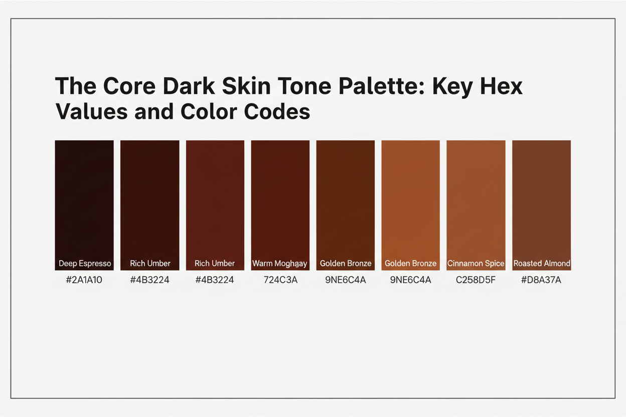 Dark Skin Tone Palette Guide section visual for The Core Dark Skin Tone Palette: Key Hex Values and Color Codes