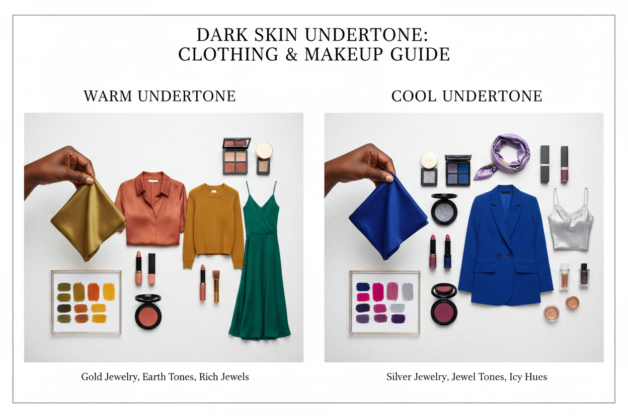 Dark Skin Warm vs Cool Undertone section visual for How Your Undertone Should Guide Color Choices in Clothing and Makeup