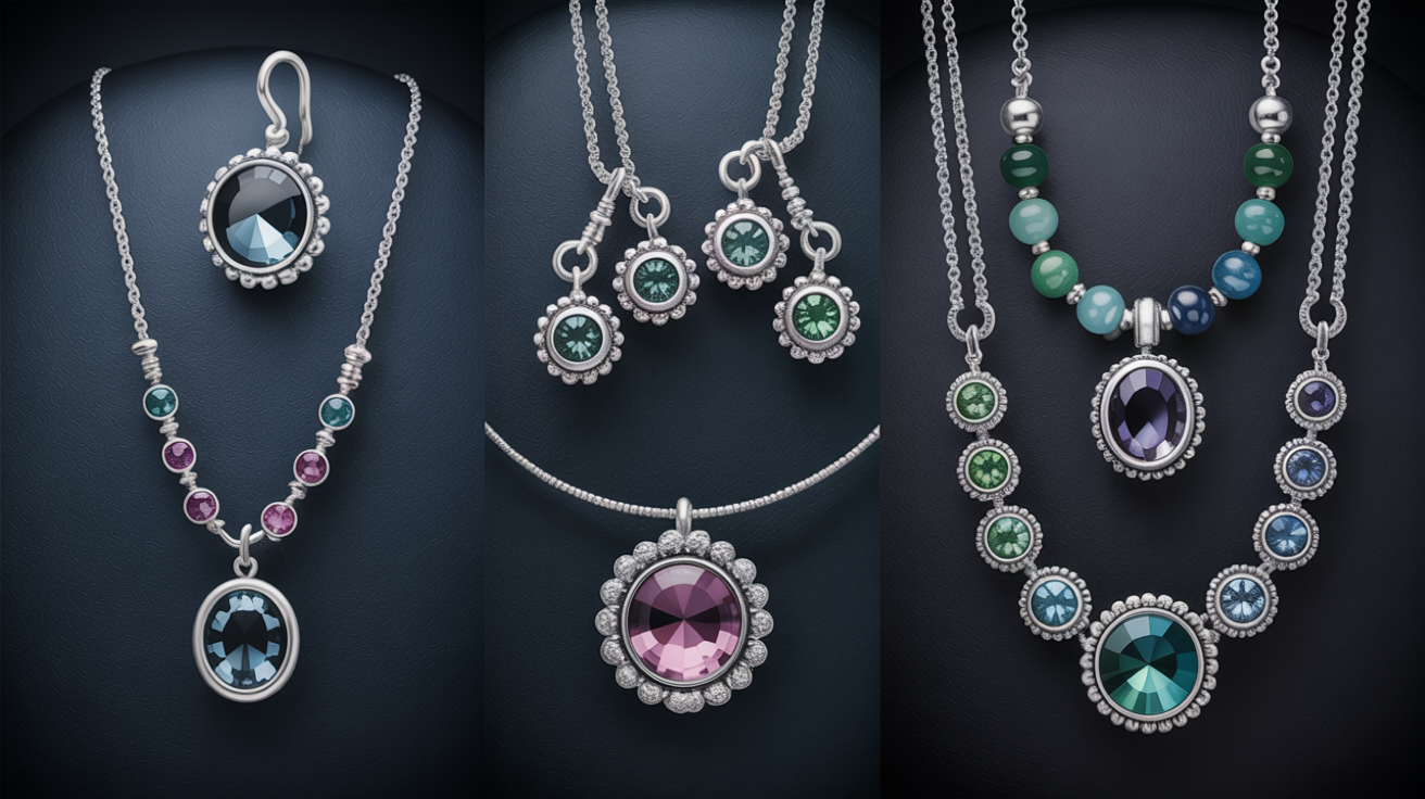 Dark Winter best metals showing silver, platinum, and oxidized metal jewelry pieces like necklaces, earrings, and bracelets with cool gemstones