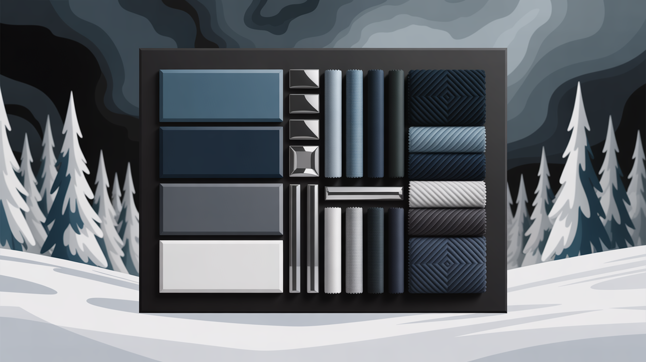 Dark Winter beyond color swatch showing patterns, fabrics, and metallic accessories in cool tones with high contrast geometric designs