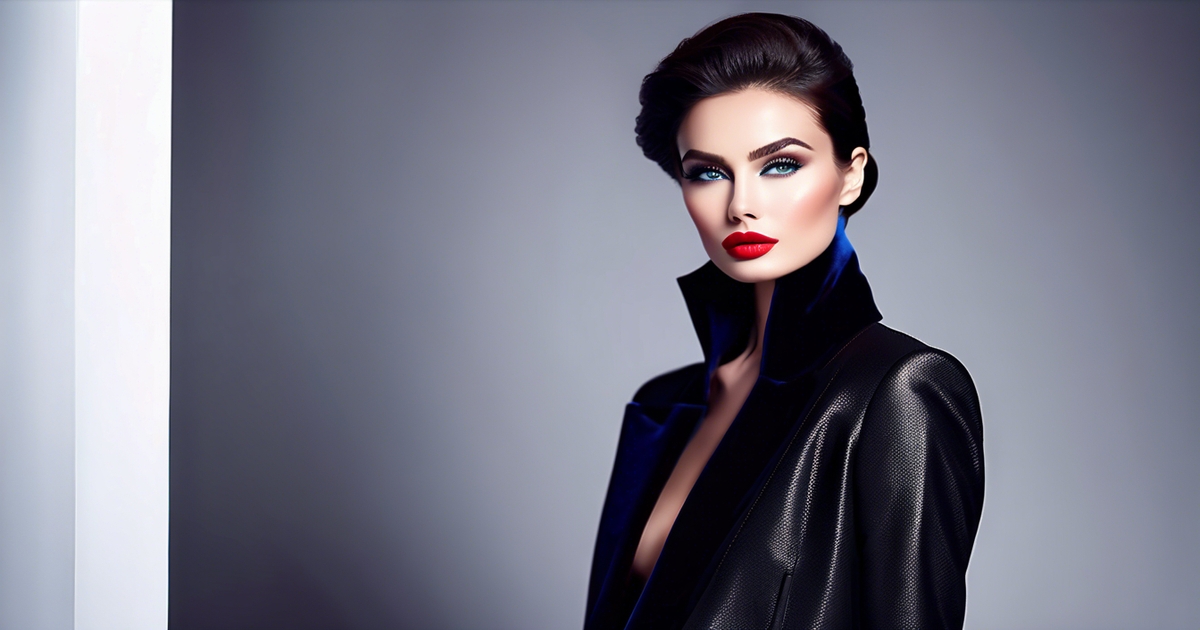 Realistic stylish woman demonstrating complete Dark Winter look with cool tones and striking features