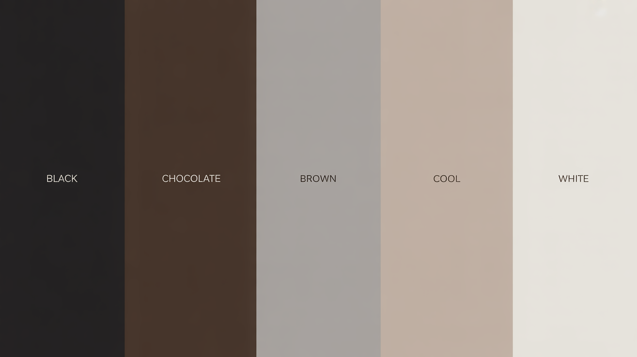 Dark Winter foundational neutrals showing black, charcoal, chocolate brown, light grays, cool beiges, and true white fabric swatches or color blocks