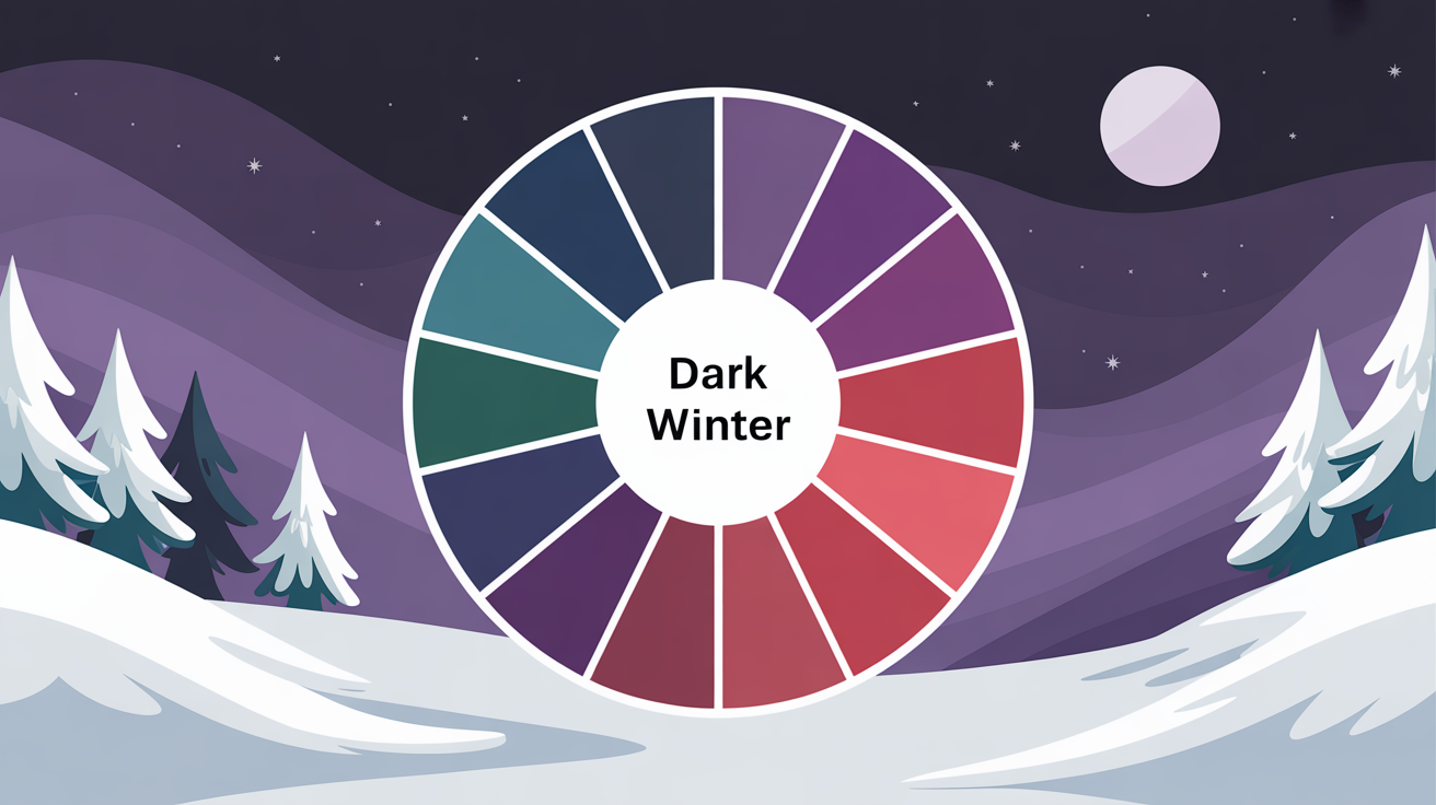 Dark Winter ideal colors mastery showing deep purples, midnight blues, and deep reds in an elegant color wheel or palette arrangement