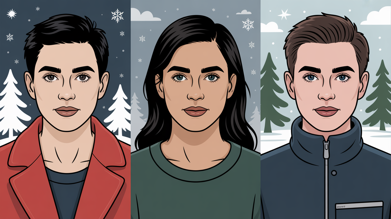 Dark Winter person identification guide showing cool skin undertones, dark hair, and high contrast features in a professional color analysis style