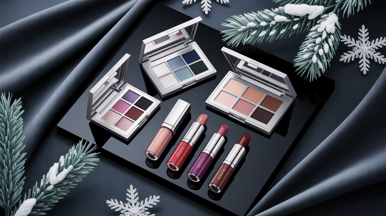 Dark Winter makeup essentials featuring silver eyeshadows, charcoal grays, cool-toned blushes, deep red and purple lipsticks arranged elegantly