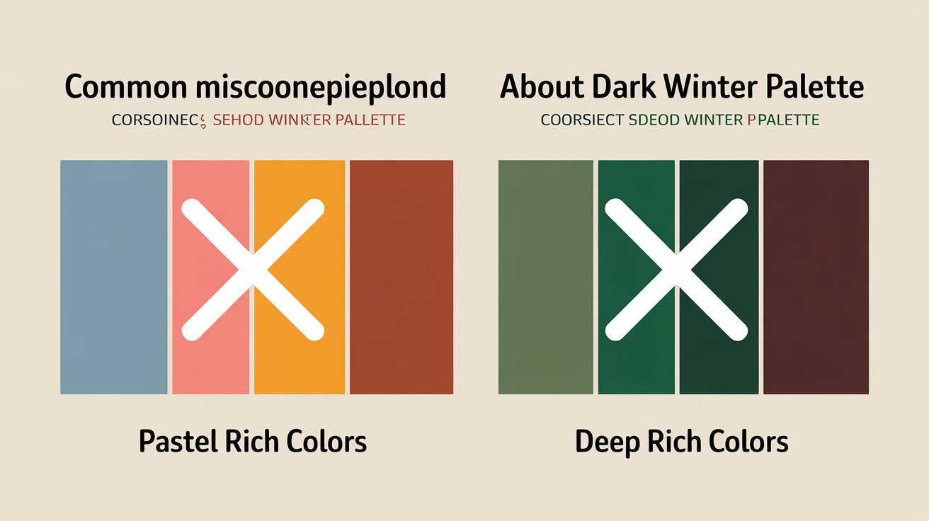 Common misconceptions about Dark Winter palette showing incorrect pastel colors crossed out vs correct deep rich colors, educational infographic design