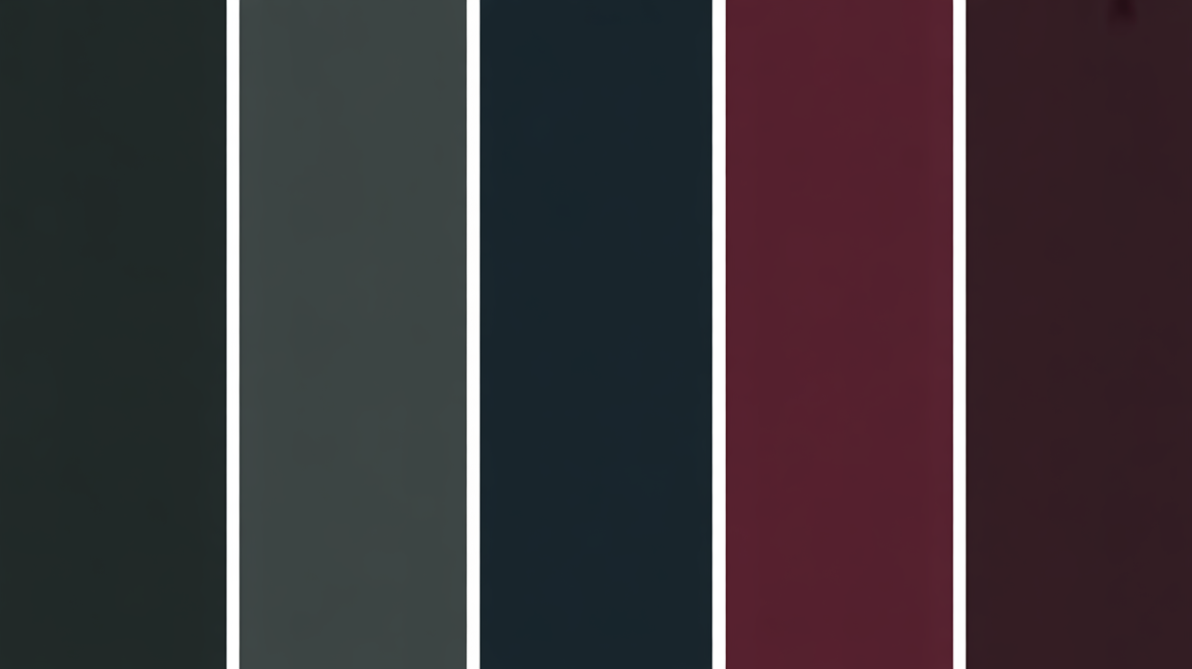 Dark winter color palette definition showing deep cool tones, high contrast colors, rich saturated hues like charcoal gray, navy blue, deep burgundy in an elegant flat lay design