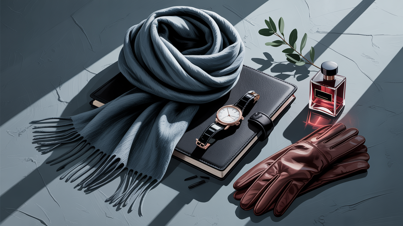 Dark Winter personal style elevation showing elegant lifestyle flat lay with deep colors, sophisticated accessories, and cool tones