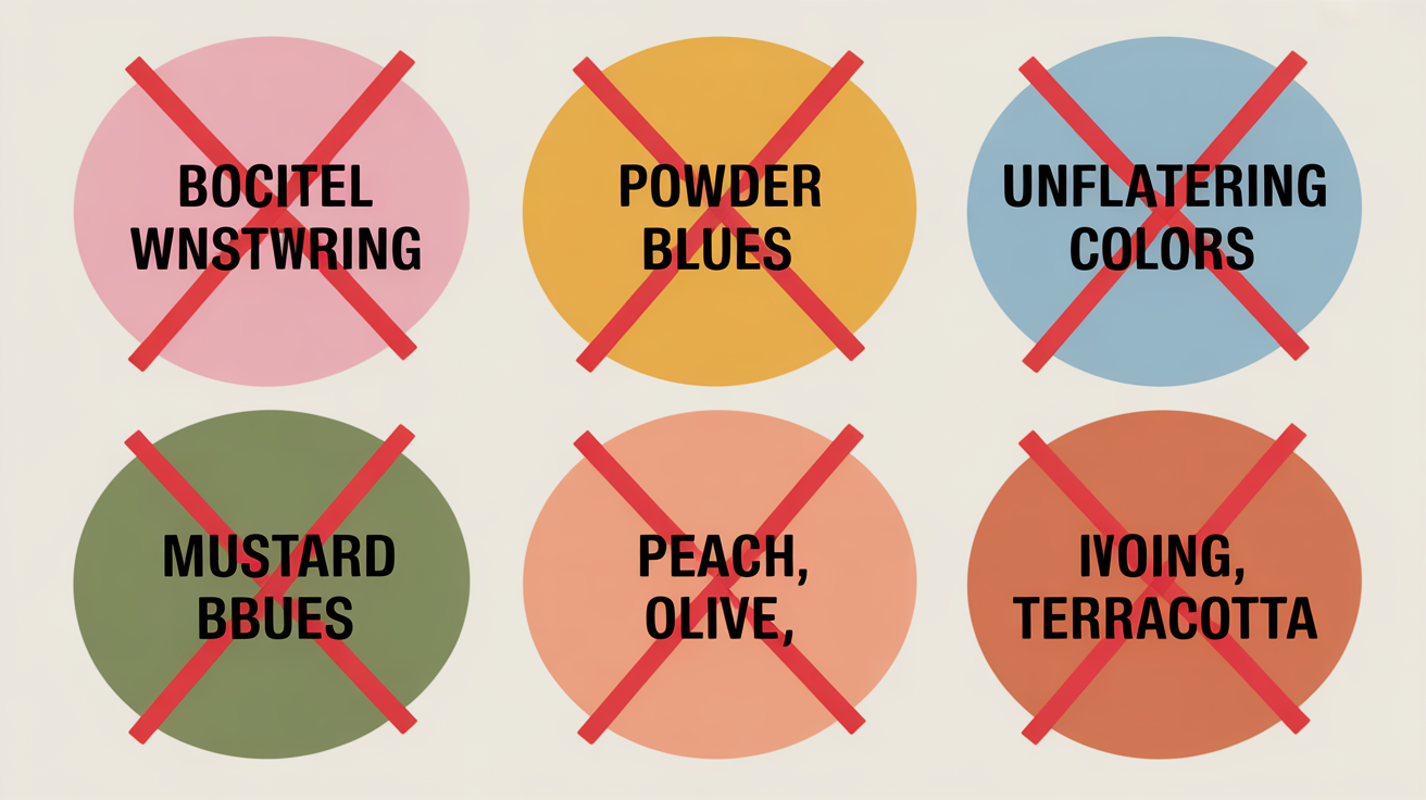 Dark Winter unflattering colors to avoid showing crossed out pastel baby pinks, powder blues, mustard, peach, olive, and terracotta in warning style