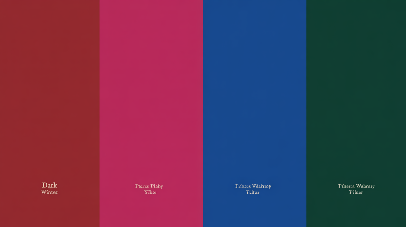 Dark Winter vibrant accent colors featuring ruby red, fuchsia, royal blue, and deep greens in a dynamic color palette design