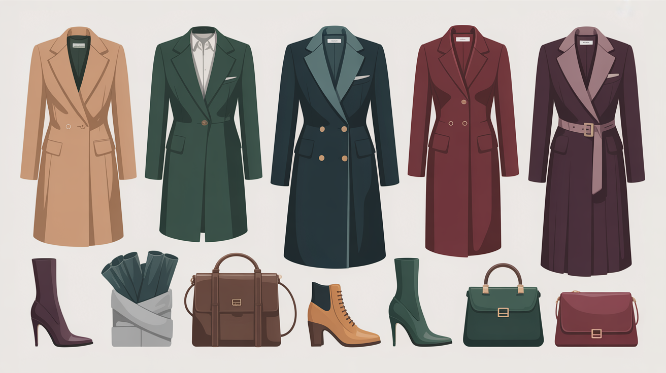 Dark Winter wardrobe staples showing tailored coats, structured blazers, versatile dresses in deep jewel tones, and neutral layers in professional flat lay
