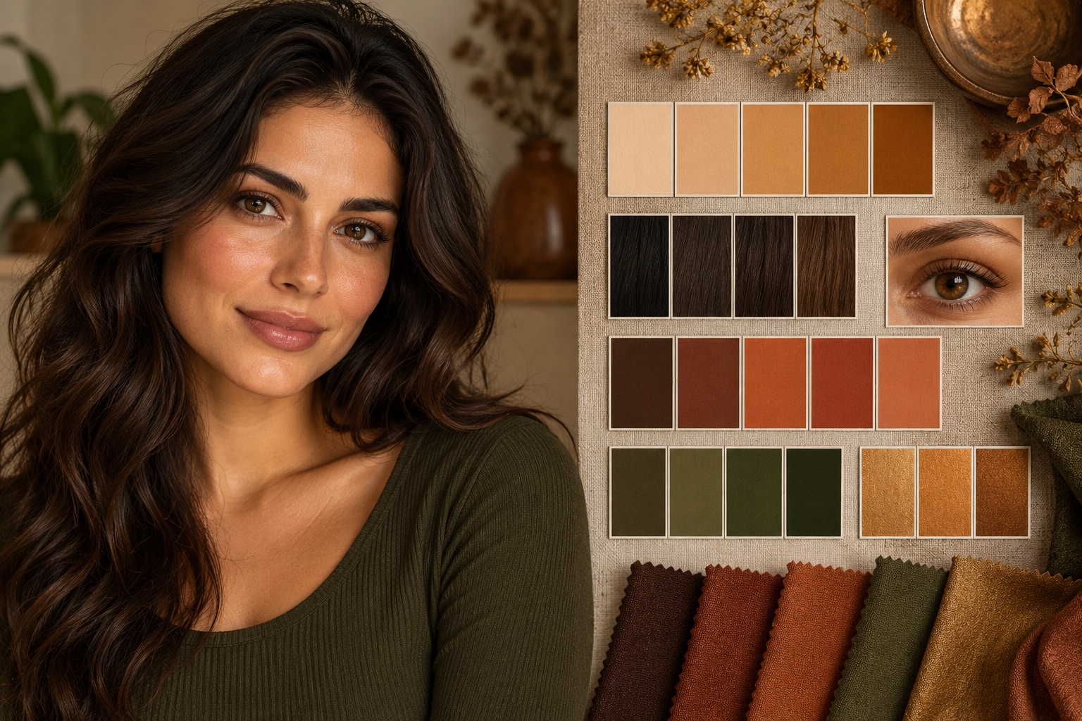 Illustrative brunette portrait beside grouped warm skin, dark hair, brown eye, terracotta, olive, and bronze swatches