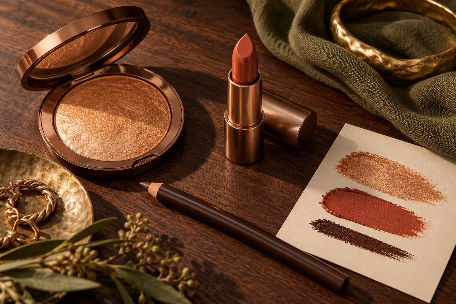 Warm copper highlighter compact, chocolate eyeliner, cinnamon lipstick, and three makeup swatches on walnut