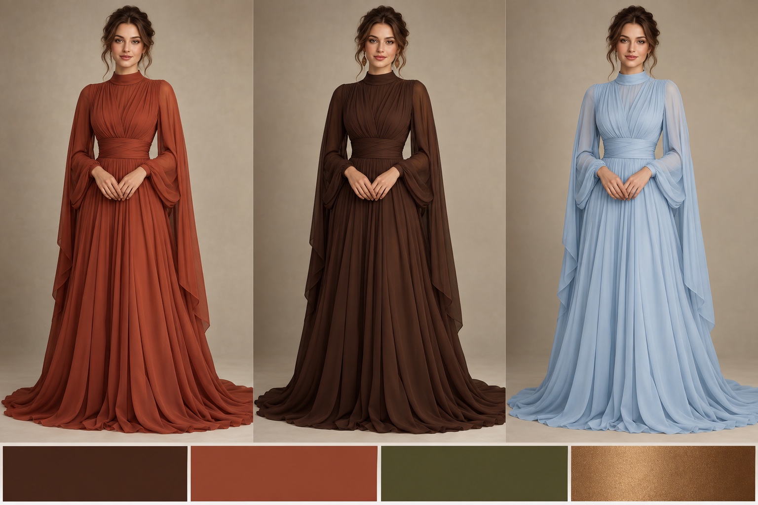Fictional fashion model in matched terracotta, chocolate brown, and icy pastel-blue gowns above earthy swatches