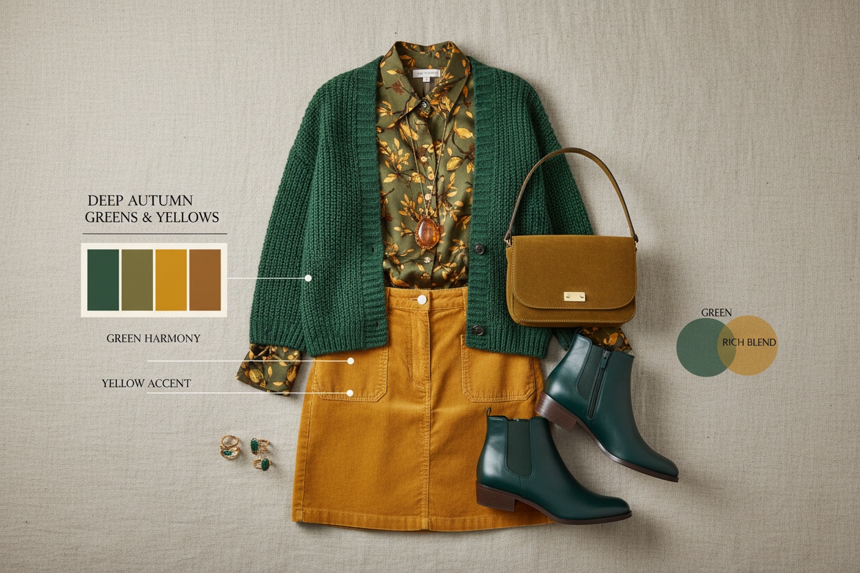 Deep Autumn Greens and Yellows section visual for How Deep Autumn Greens and Yellows Work Together in an Outfit