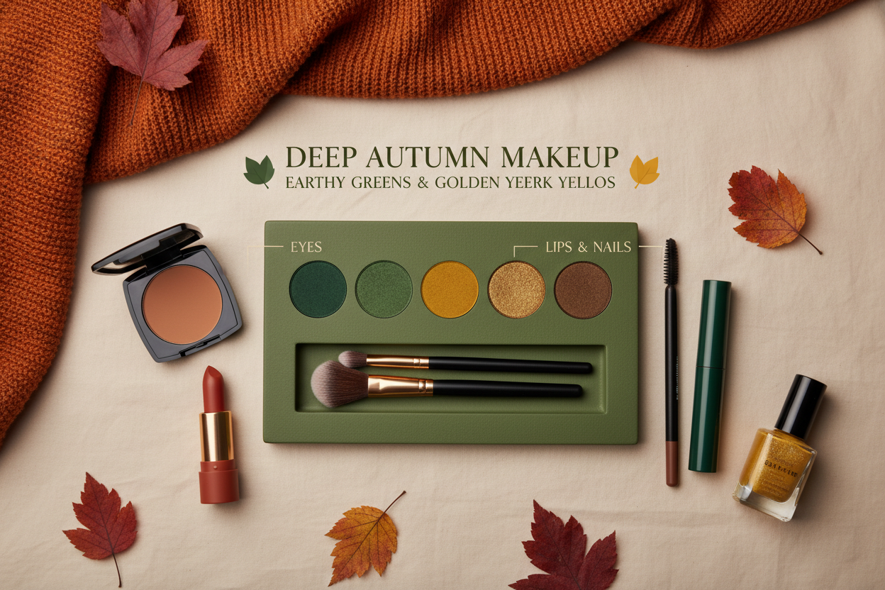 Deep Autumn Greens and Yellows section visual for Makeup Applications: Earthy Greens and Golden Yellows for Dark Autumn