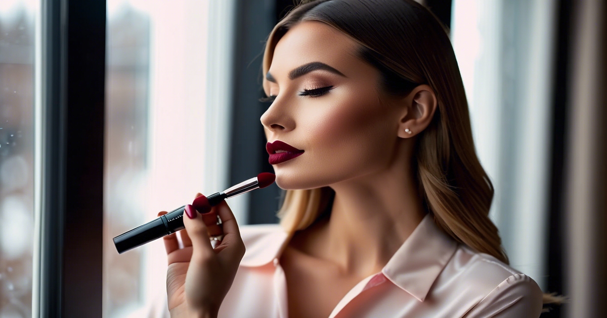 Close-up of woman's hands carefully applying Deep Winter lipstick with precision tools