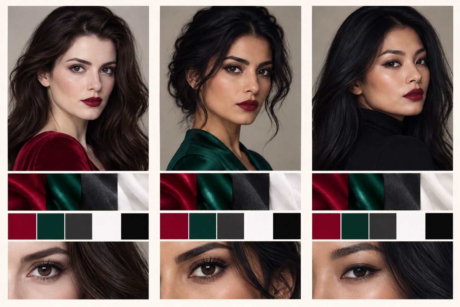 Three fictional dark-haired portrait studies with fair, olive, and medium complexions above ruby, emerald, charcoal, white, and black fabric strips