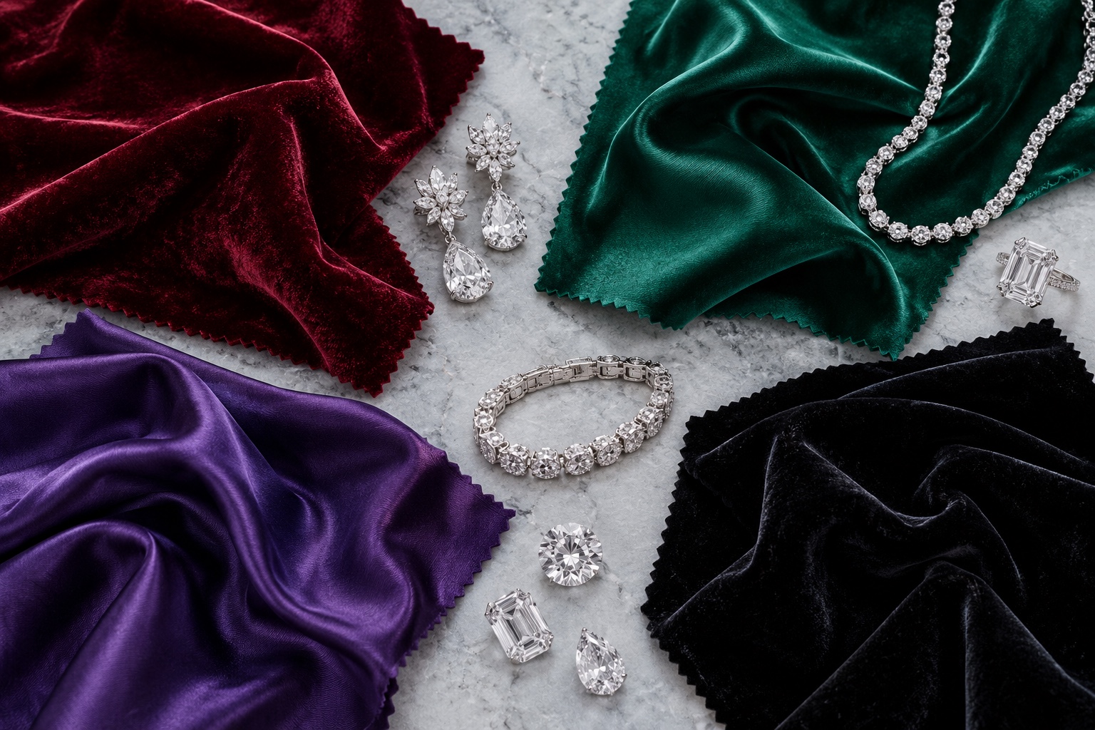 Overhead arrangement of ruby velvet, emerald satin, purple silk, and black velvet with silver-tone jewelry and clear stones