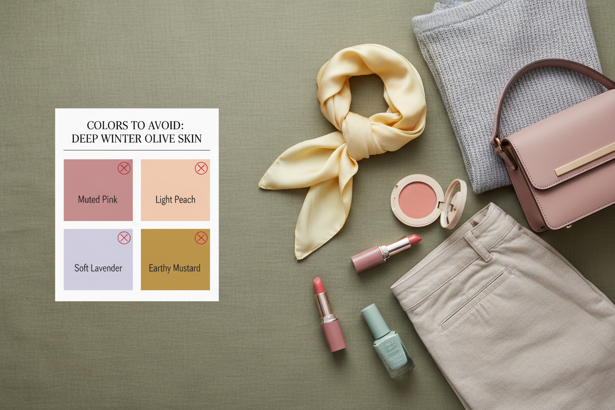 Deep Winter Olive Skin section visual for Colors to Avoid If You Have Deep Winter Olive Skin