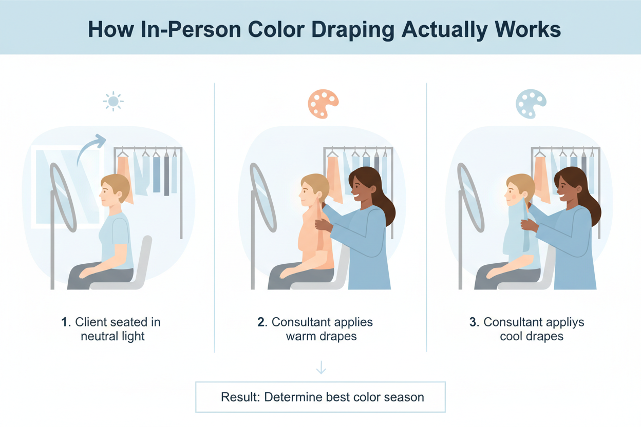 Digital Color Analysis vs In-Person section visual for How In-Person Color Draping Actually Works