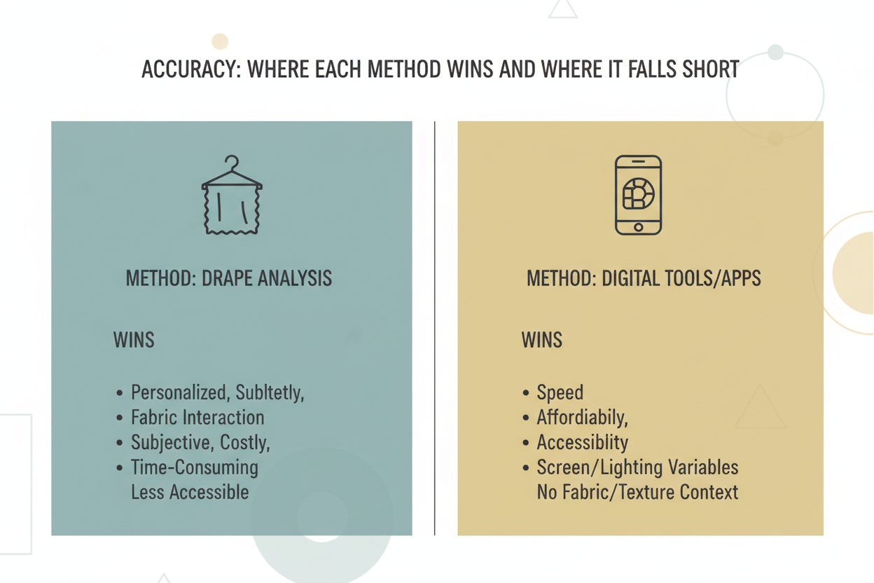 Digital Color Analysis vs In-Person section visual for Accuracy: Where Each Method Wins and Where It Falls Short