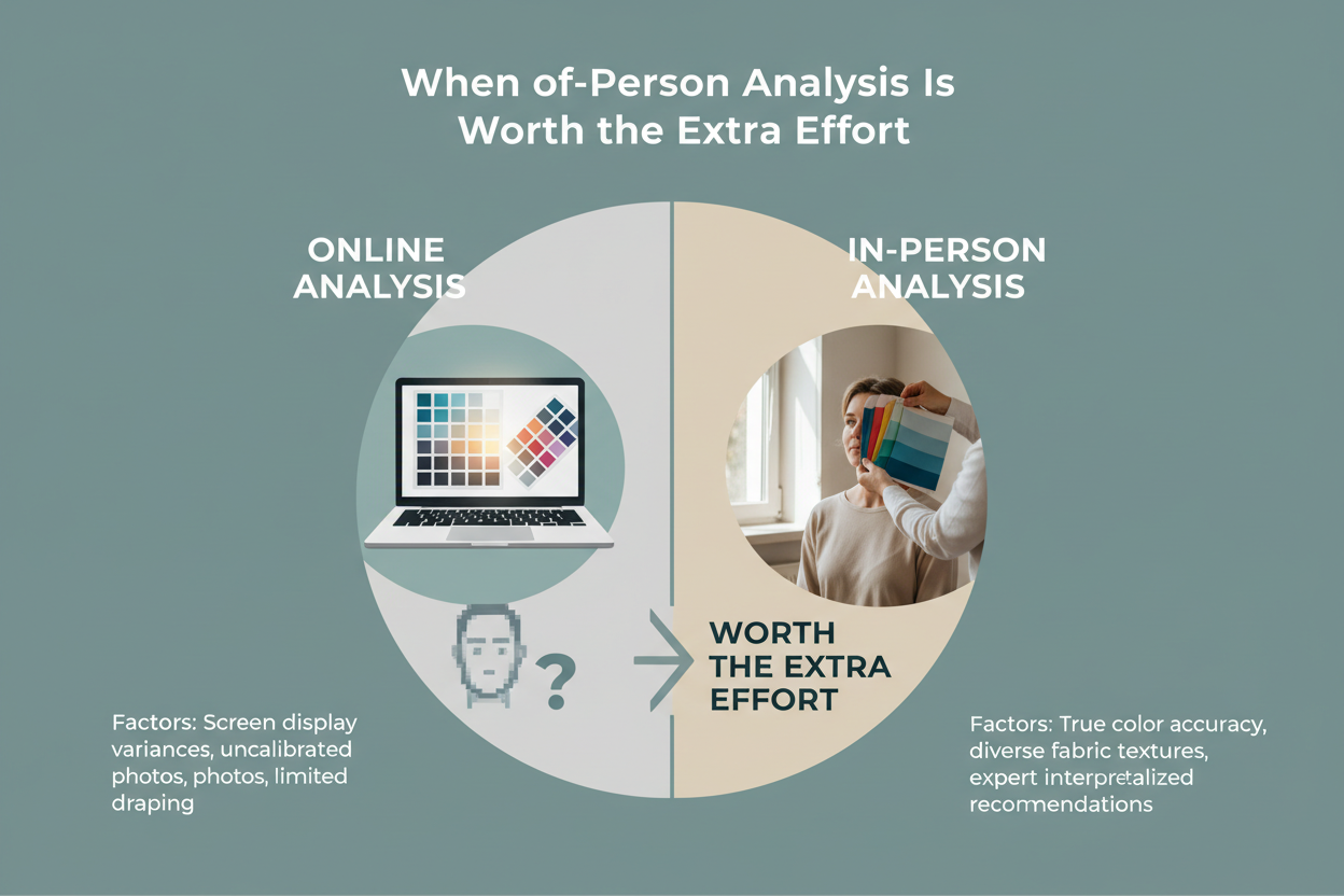 Digital Color Analysis vs In-Person section visual for When In-Person Analysis Is Worth the Extra Effort