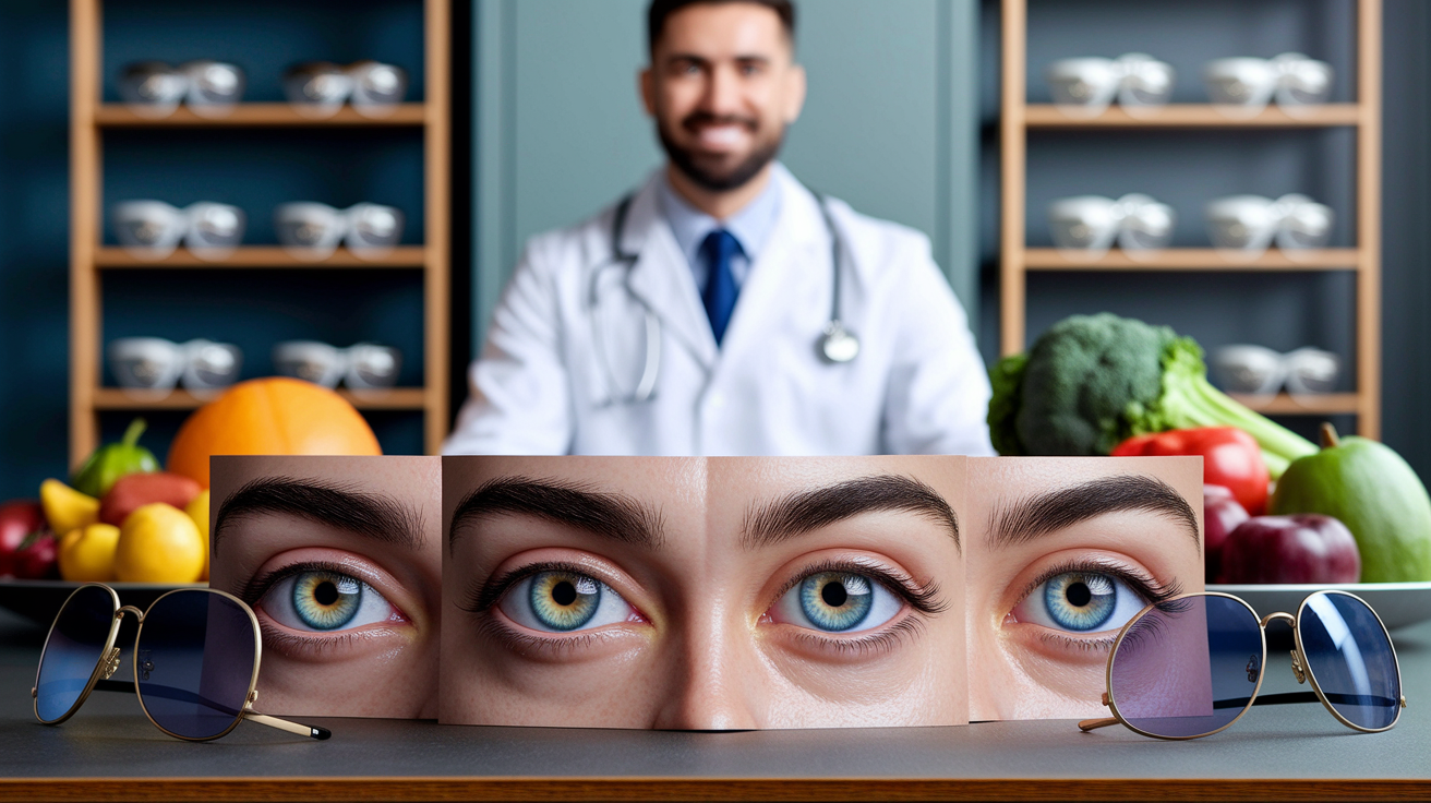 Eye health information showing UV protection, vision care, and health monitoring for different eye colors