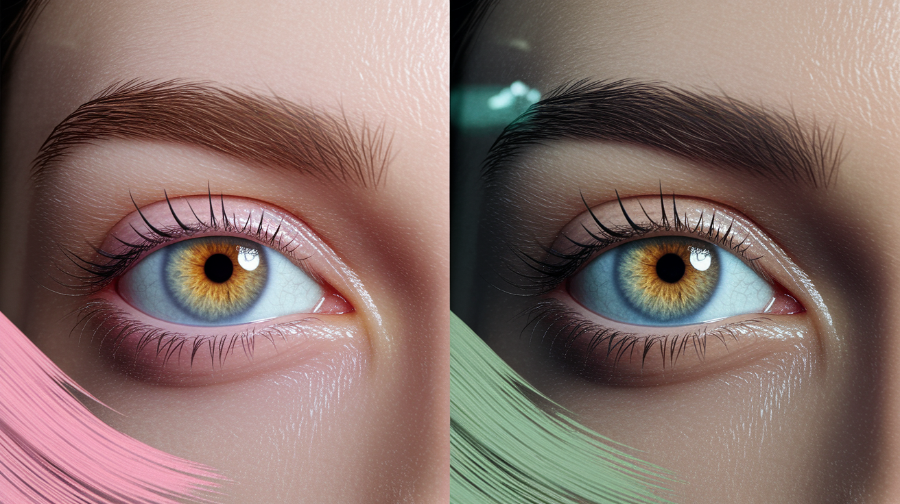 Visual demonstration of how lighting, surroundings, and health affect eye color perception