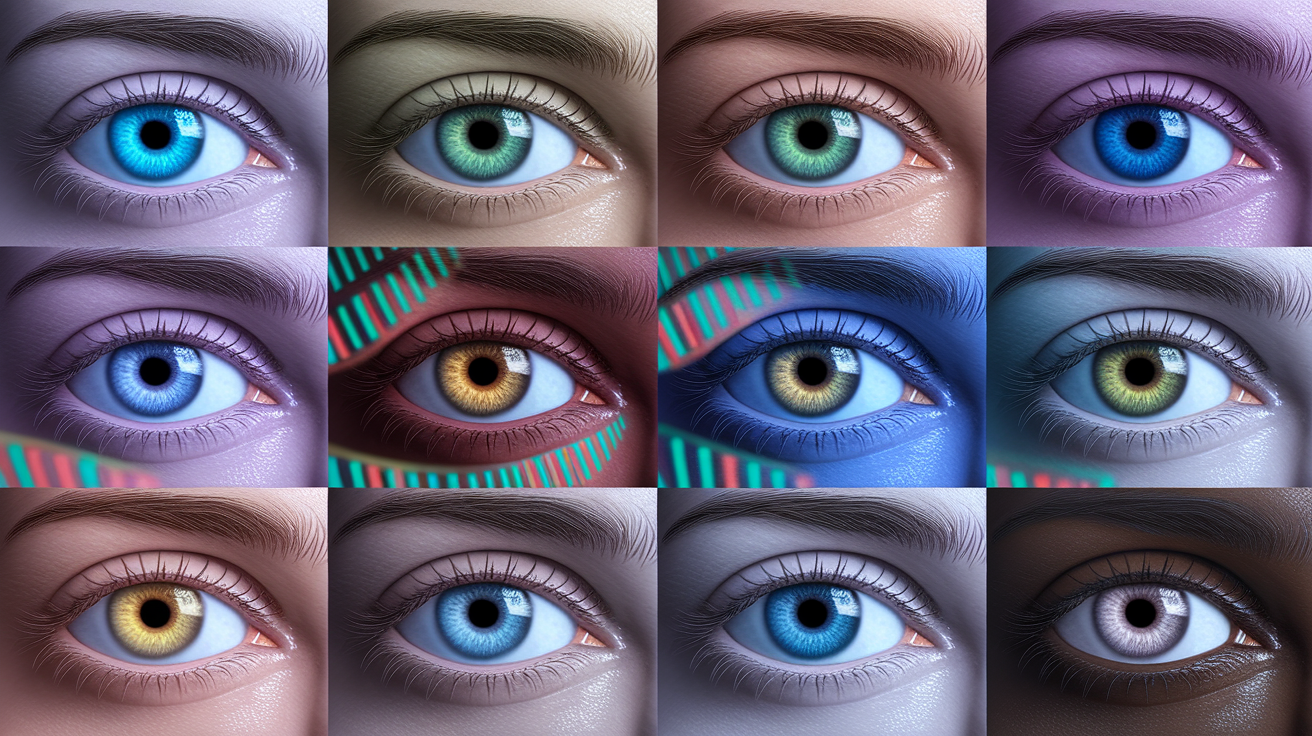 Scientific explanation of eye color formation showing melanin levels, light scattering, and iris structure