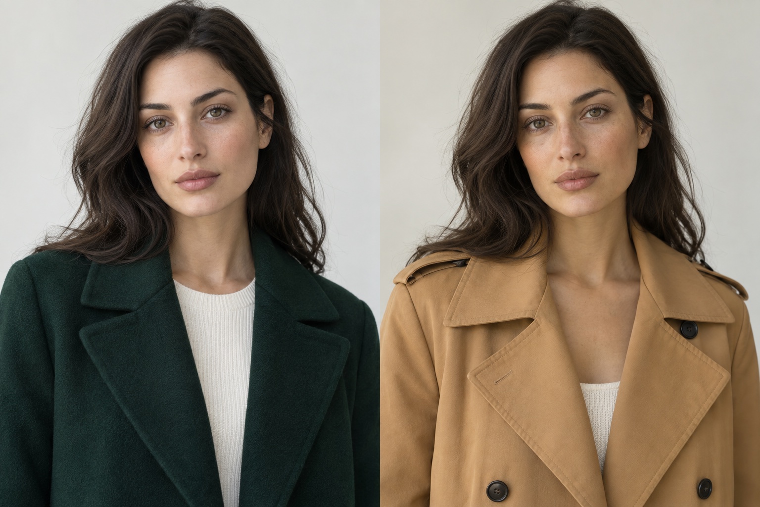 Same fair olive model in a deep pine coat and a golden camel trench under matching daylight