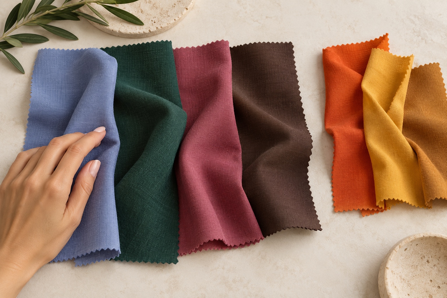 Fabric palette for fair olive skin: periwinkle, pine, dusty berry, and cool espresso beside yellow-orange swatches