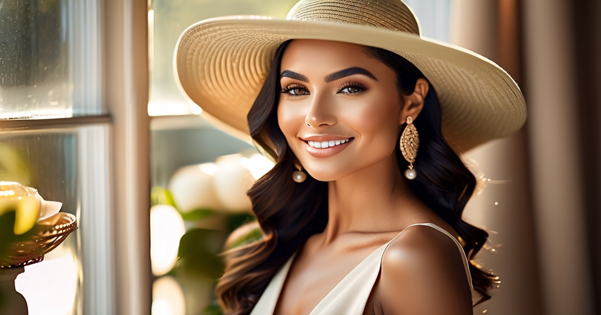 Realistic fair olive-skinned woman demonstrating lifestyle and skincare concepts