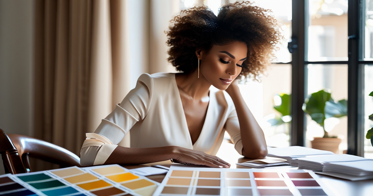 Realistic woman examining color swatches and determining her seasonal color palette