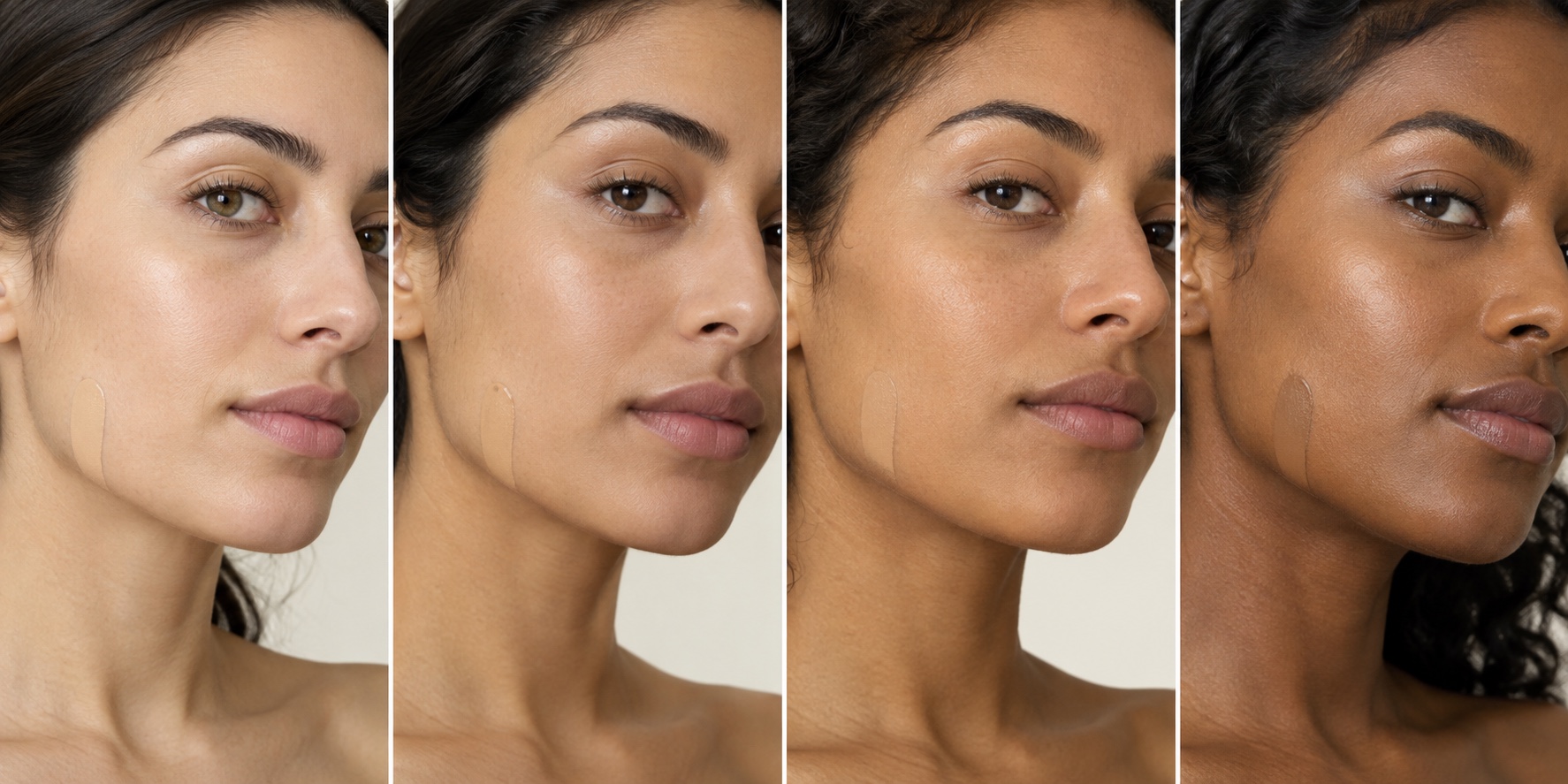 Four illustrative olive complexions from fair to deep, each with a small foundation swatch near the jaw