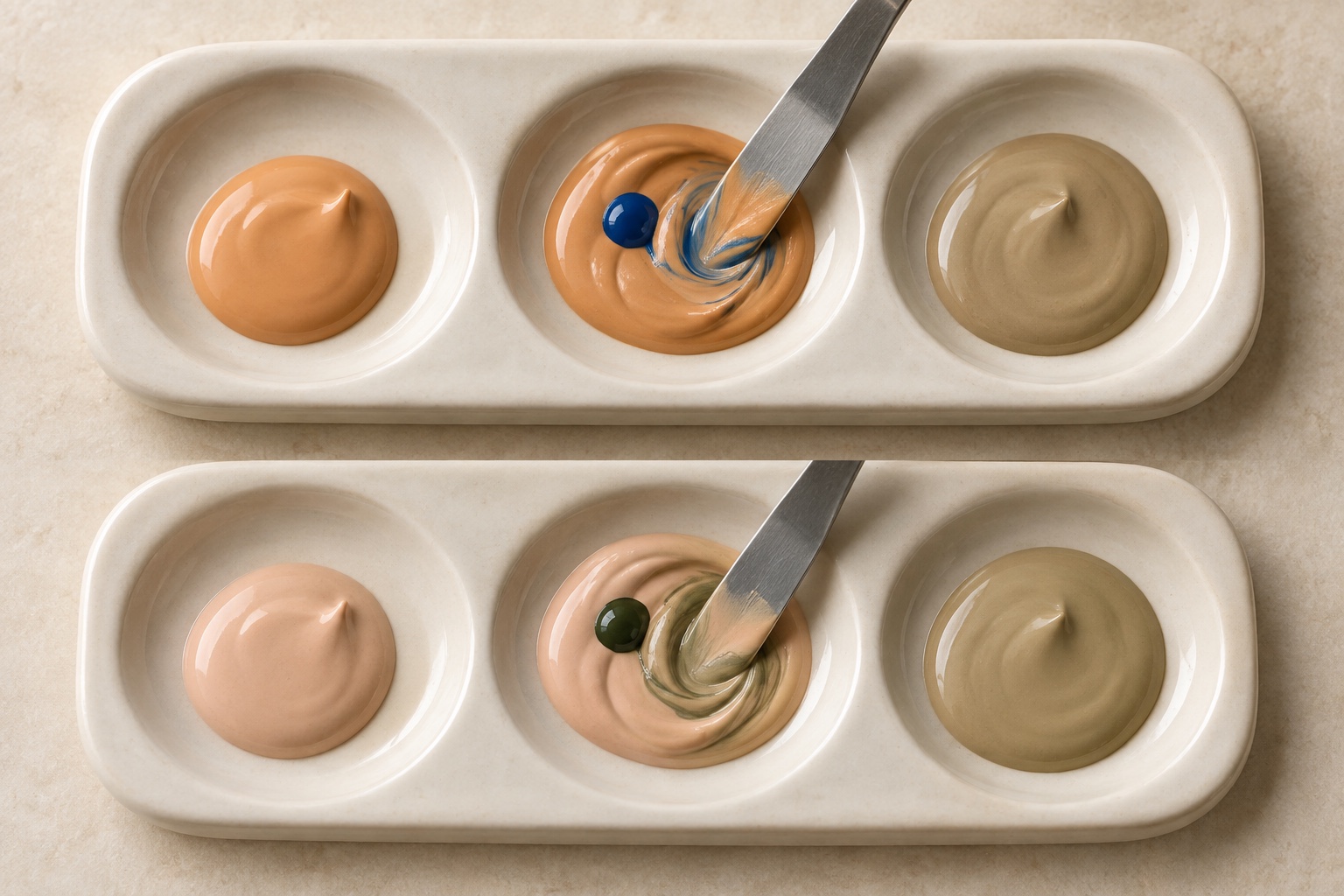 Illustrative cosmetic palette showing orange foundation softened with blue and rosy foundation muted with green