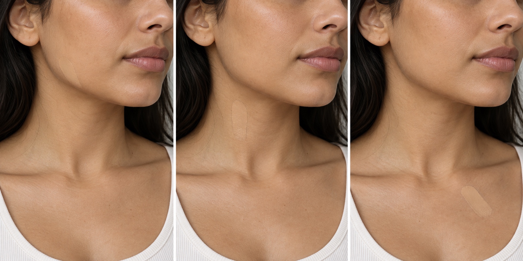 Three-panel illustrative test showing foundation swatches at one model’s jawline, neck base, and clavicle