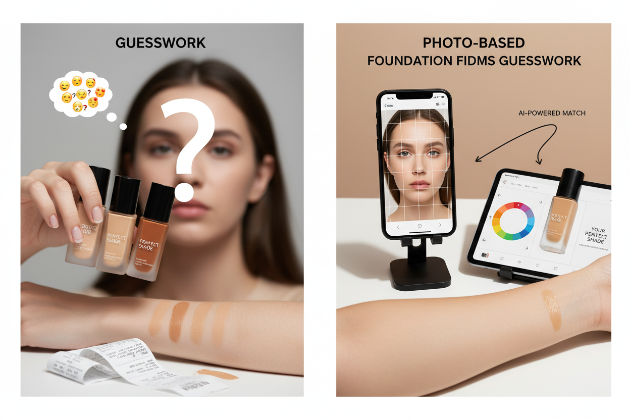 Foundation shade finder tools compared on a phone screen with swatches and skin undertone notes