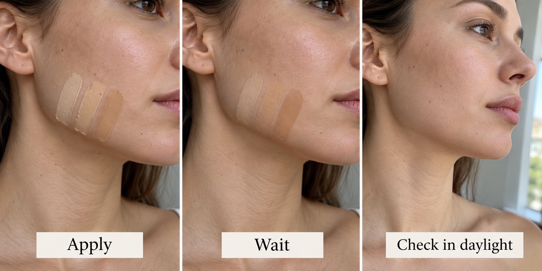 Three-step photographic guide showing jawline foundation stripes at application, after drying, and in daylight by a window
