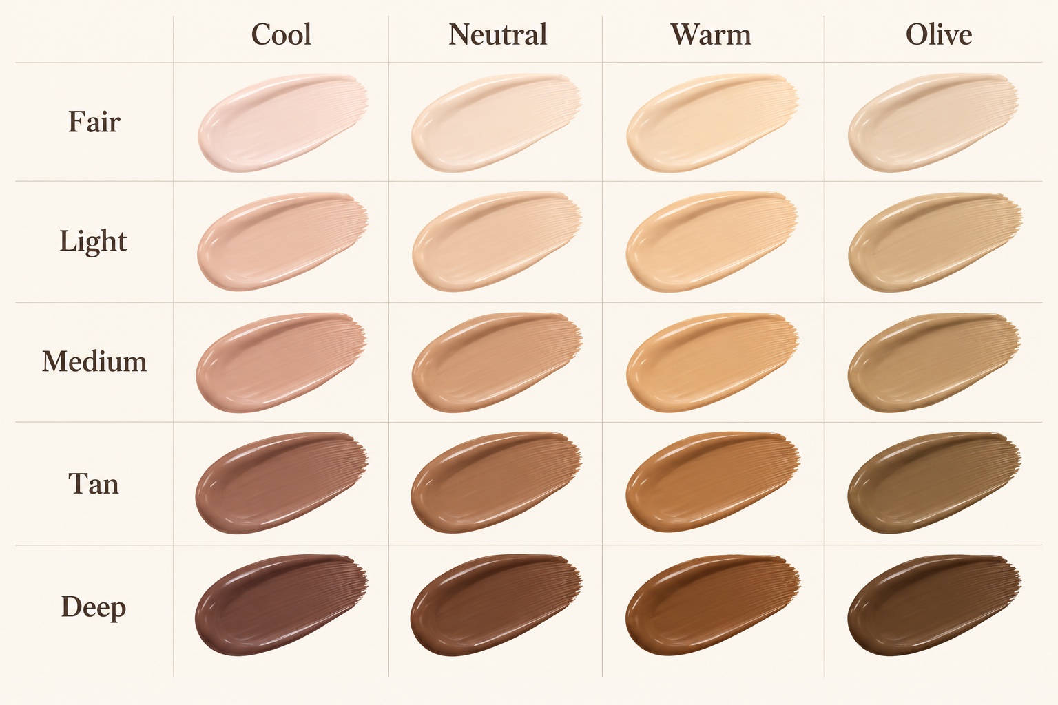 Illustrative matrix of Fair, Light, Medium, Tan, and Deep foundation depths against Cool, Neutral, Warm, and Olive undertones