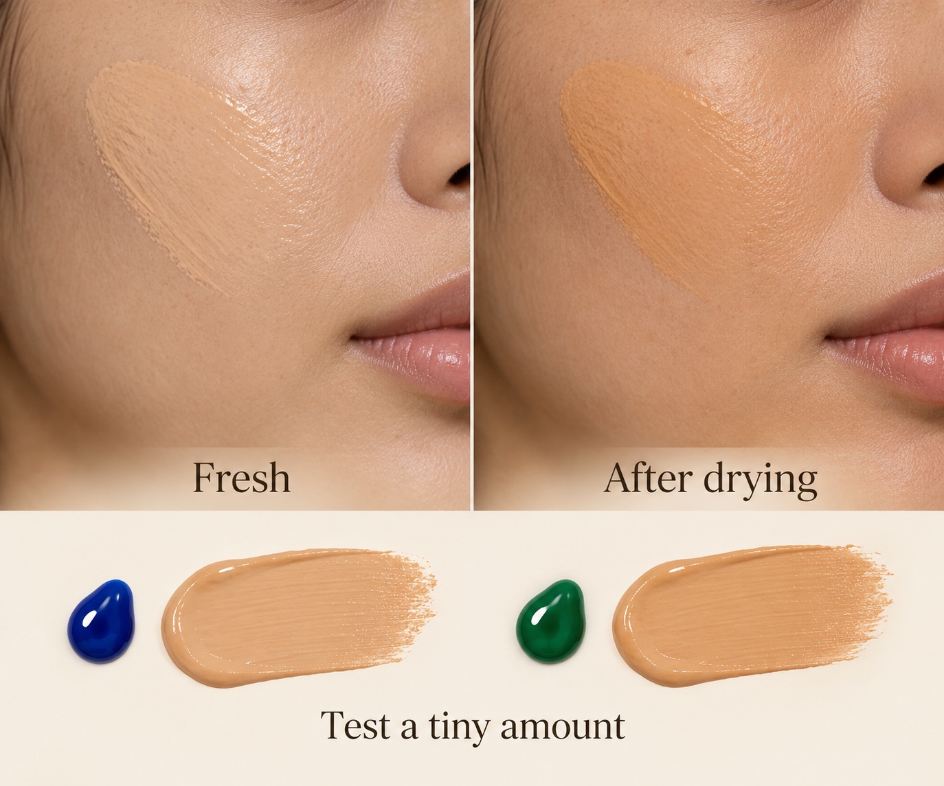 Illustrative side-by-side fresh foundation swatch and warmer dried swatch with small blue and green mixing samples