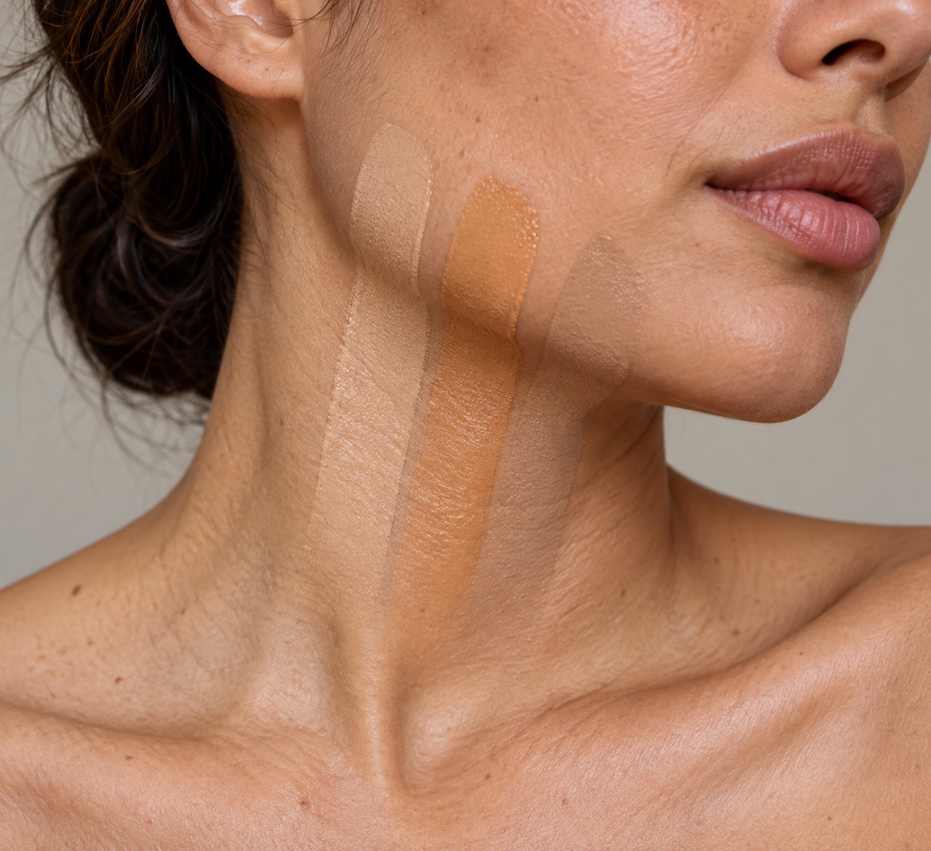 Three foundation stripes crossing lower cheek, jawline, and neck in daylight; one blends into the neck while the others remain visible