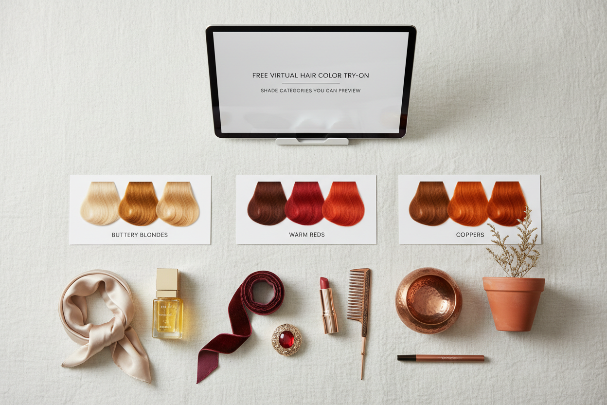 Free Virtual Hair Color Try-On section visual for Shade Categories You Can Preview: From Buttery Blondes to Warm Reds and Coppers