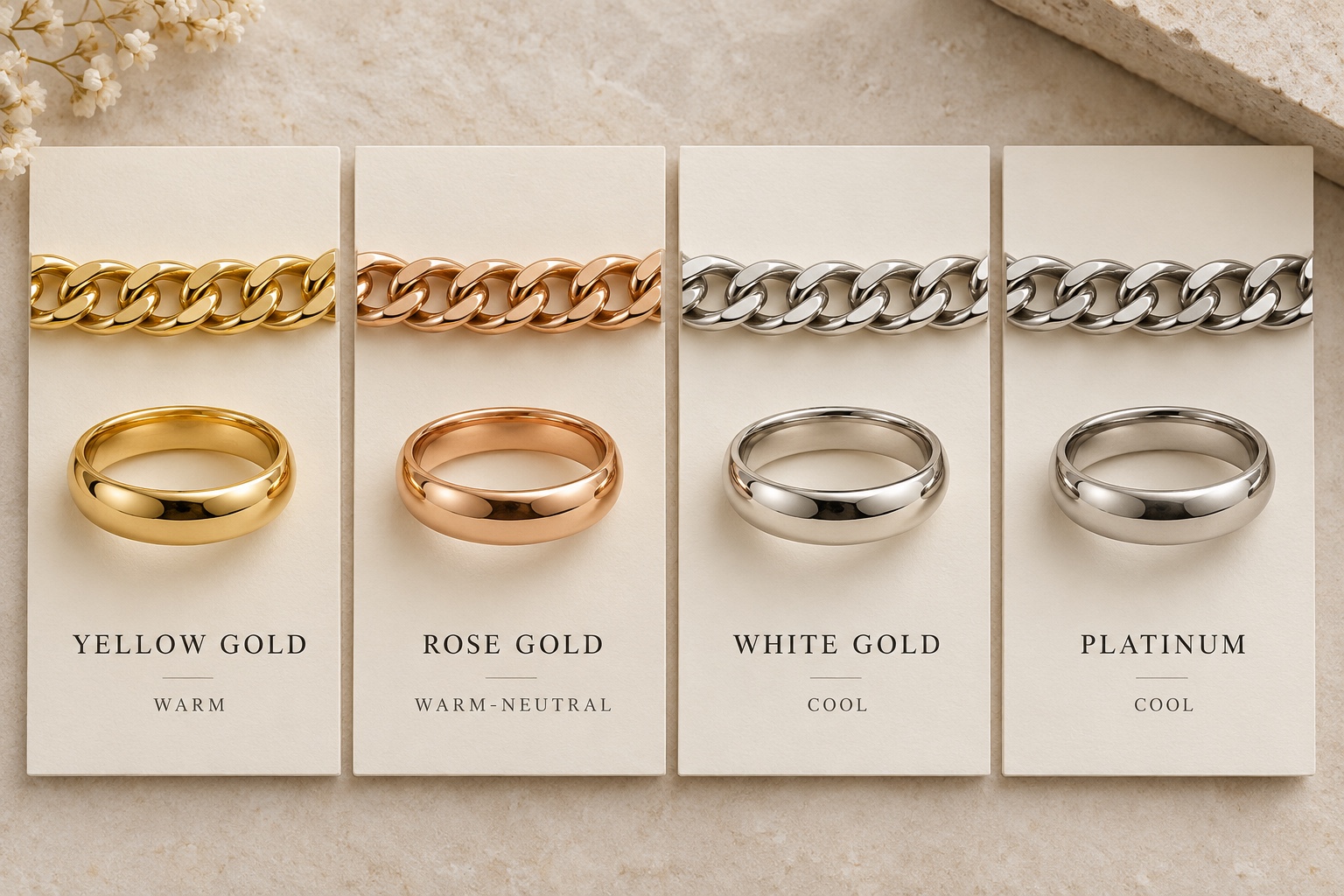 Four jewelry samples labeled yellow gold warm, rose gold warm-neutral, white gold cool, and platinum cool