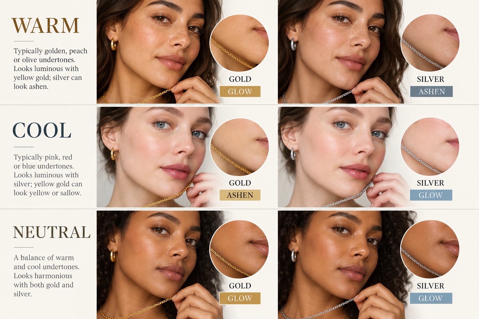 Three-row comparison of warm, cool, and neutral faces beside gold and silver, illustrating glow versus an ashen or yellow cast