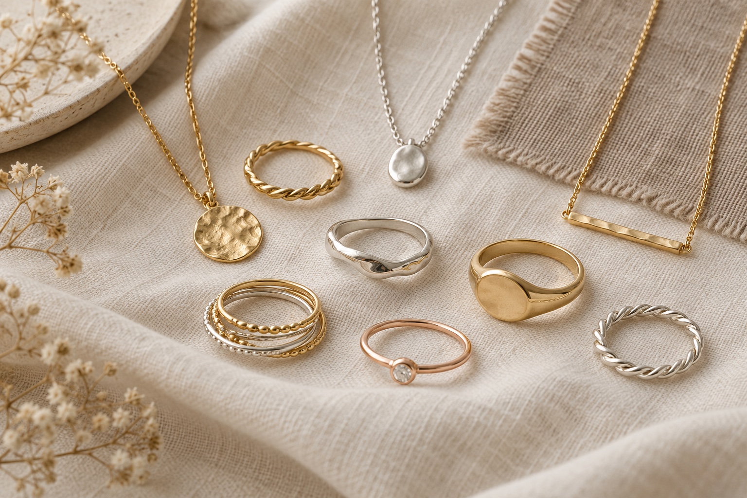 Mixed yellow gold, sterling silver, and light rose gold rings and necklaces arranged on ivory linen