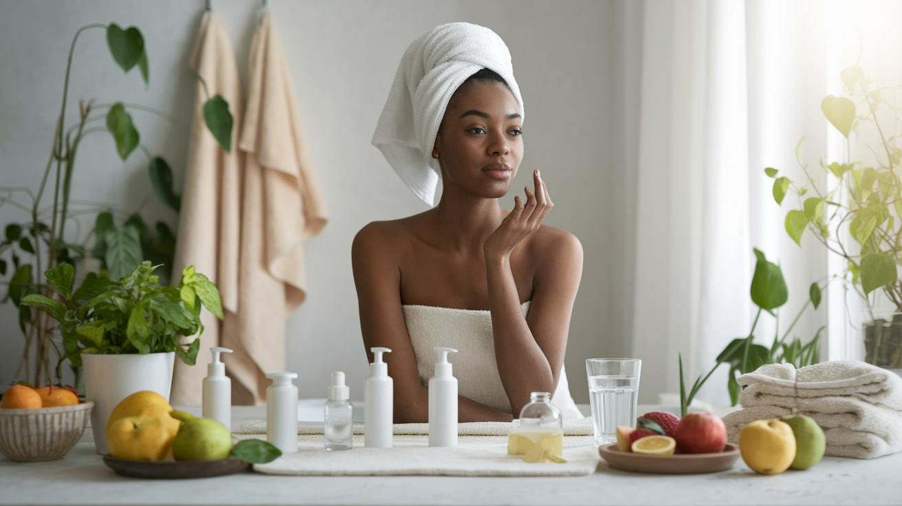 Golden skin care routine showing skincare products, nutrition, and lifestyle tips for maintaining healthy glow