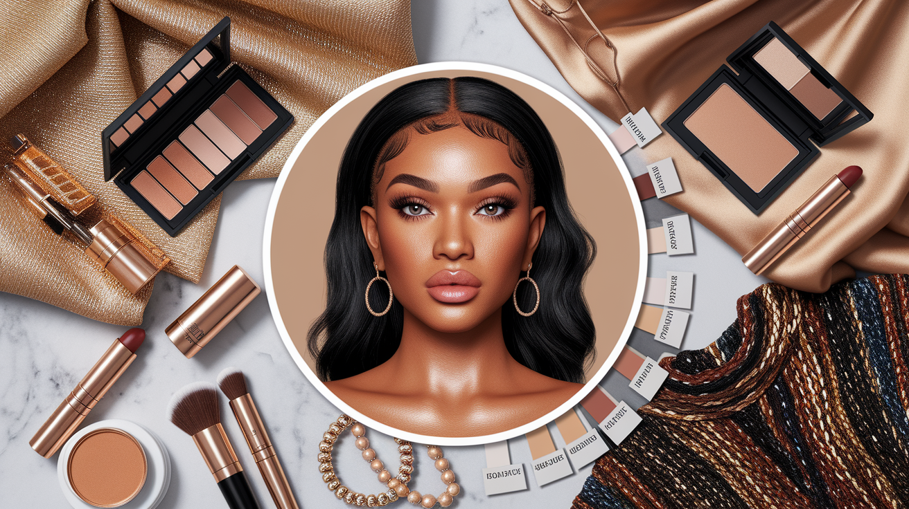 Makeup and wardrobe styling guide for golden skin tones showing flattering color combinations