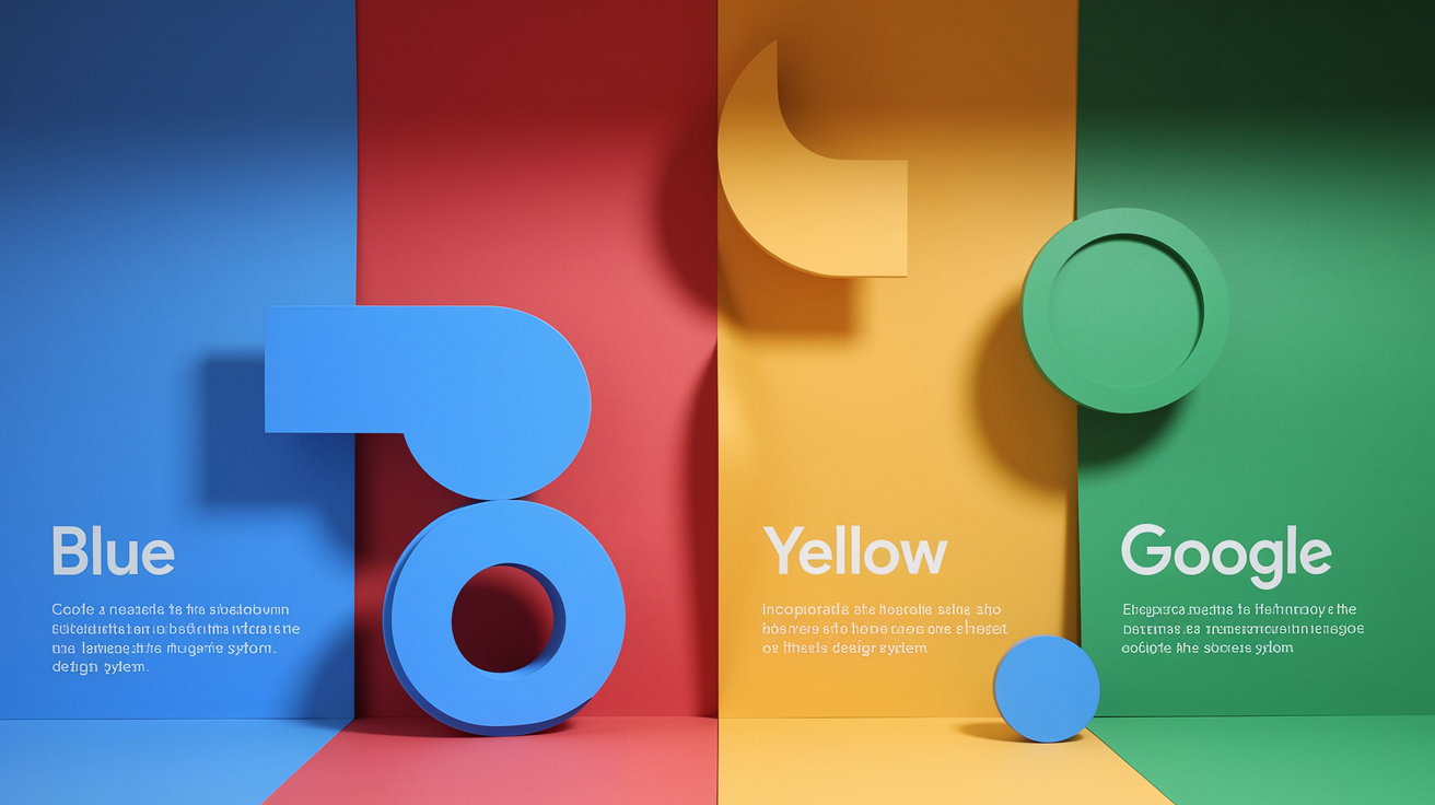 Detailed breakdown of Google's color system showing primary colors, neutrals, accents, and proportion principles for consistent design